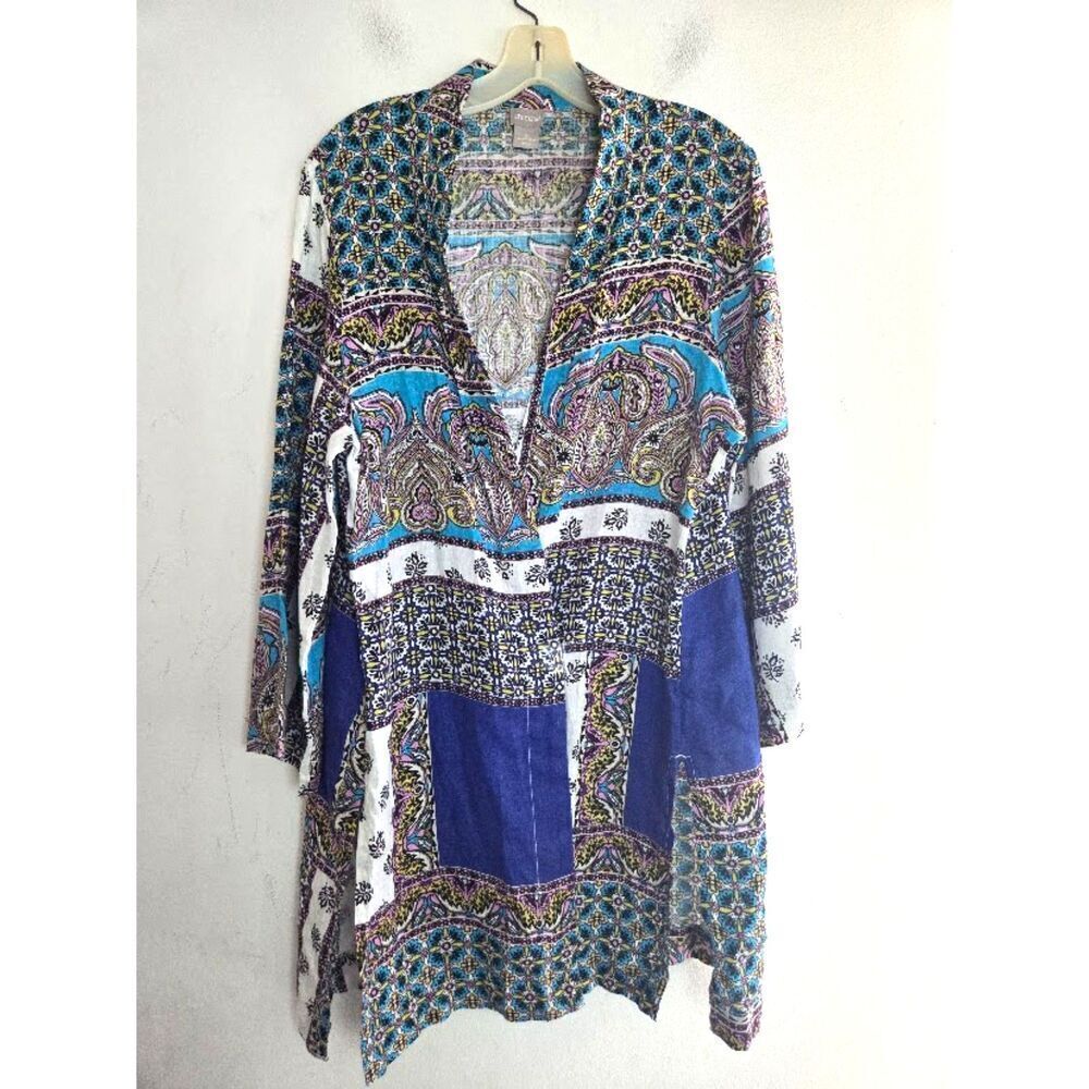 Chico's Blue White Pink Pasley Floral 100% Open Tunic Kimono Jacket sz 2/Large